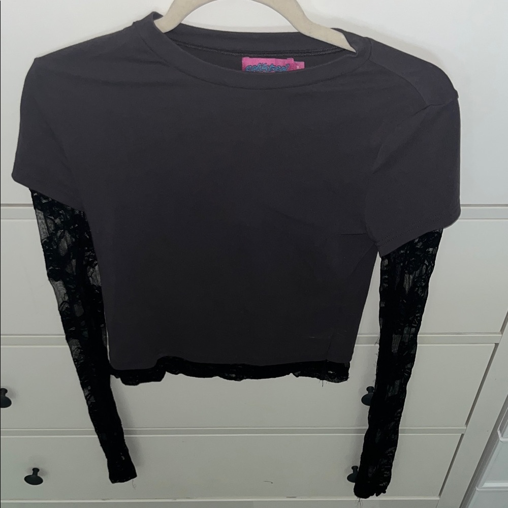 Edikted Black Tee with Sheer Lace Sleeves